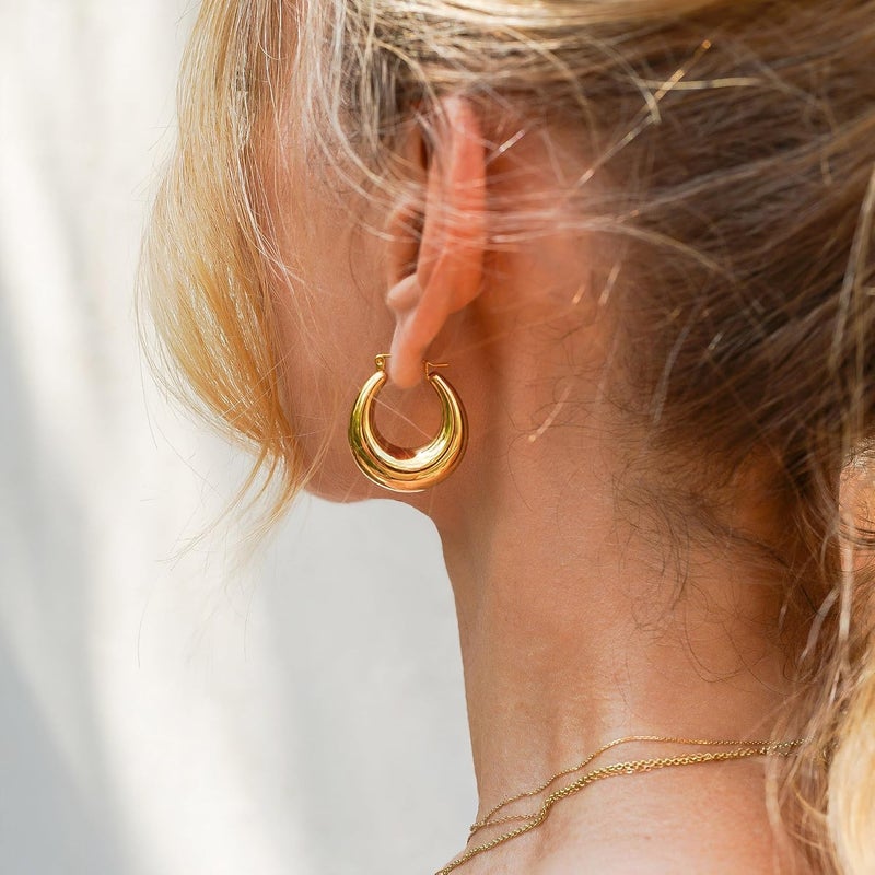 Tewiky Chunky Gold Hoop Earrings for Women, 14k Gold Plated Thick Triple Hoop Earrings Hypoallergenic Trendy Chunky Gold Hoops Earrings Dainty Jewelry Gifts for Women - Image 3